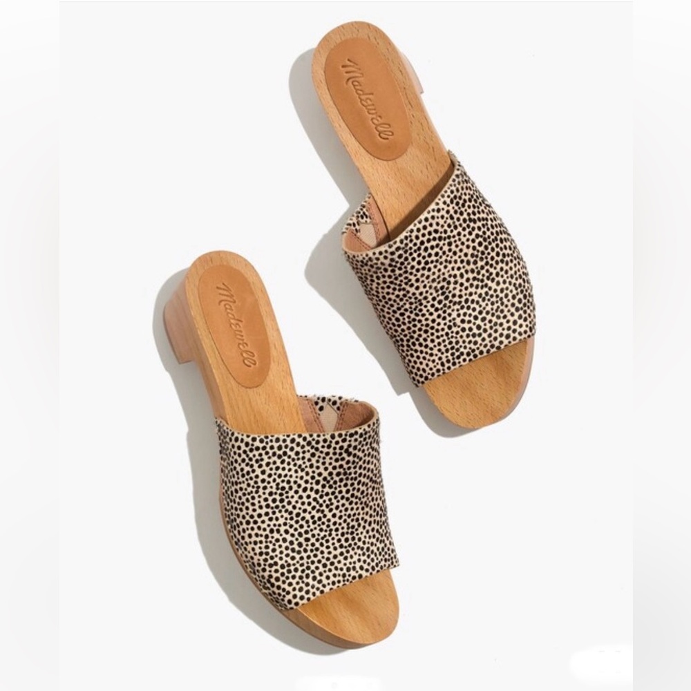 MADEWELL The Evelyn Slide Clog Leopard Print Pony Hair Wooden Mules 8.5